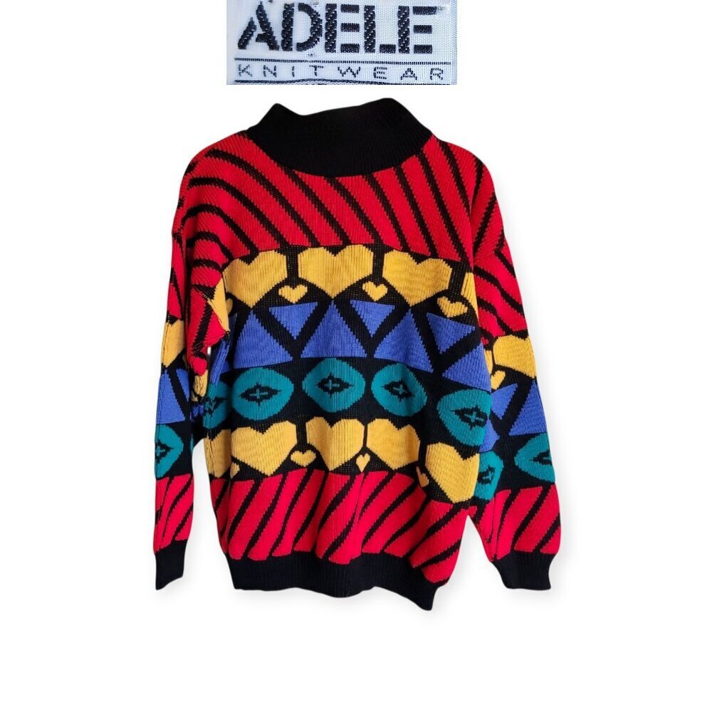 Vintage 90s Adele Knitwear Heart Geometric Statement Sweater Made USA Medium - Picture 8 of 8